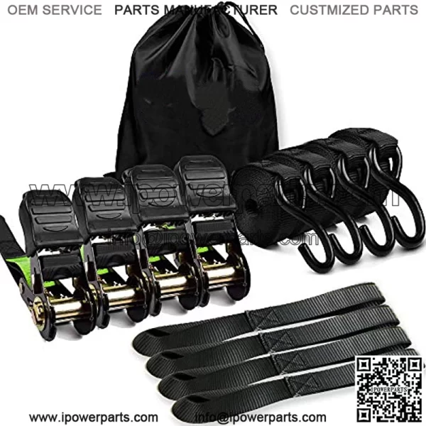 Ratchet Straps Tie Down 2500Lbs Break Strength, 15 Foot - Heavy Duty Straps to Safely Move your Motorcycle and Cargo on Car, Truck, Trailer - Includes 4 pack Soft Loop Straps - Black (4 pack)
