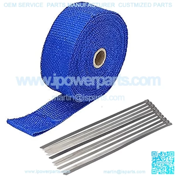 2" x 50' Exhaust Heat Wrap Roll for Motorcycle Fiberglass Heat Shield Tape with Stainless Ties (Blue)