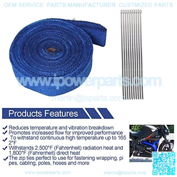2" x 50' Exhaust Heat Wrap Roll for Motorcycle Fiberglass Heat Shield Tape with Stainless Ties (Blue) - Image 2