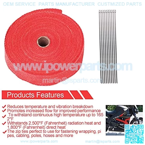 2" x 50Ft Red Roll Fiberglass Exhaust Header Pipe Heat Wrap Tape + 10 Zip Ties - Image 2