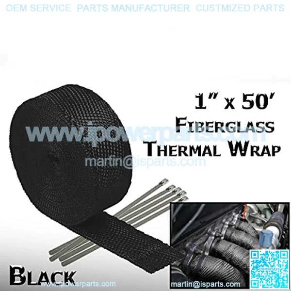 Stark Thermal Wrap 1" Wide x 50' Long - Fiberglass Heat Shield Exhaust Manifold/Header Wrap - Black